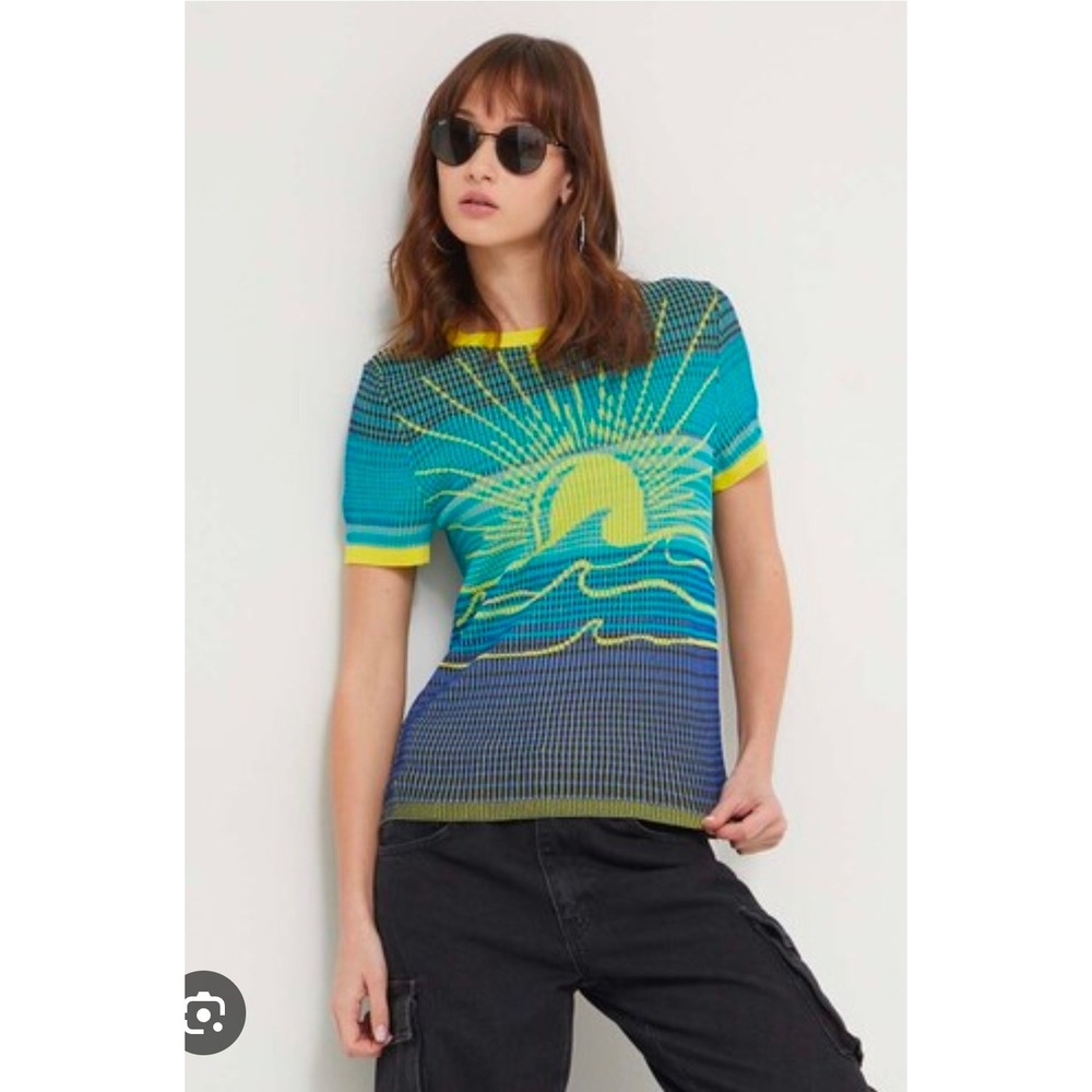 Desigual Womens Sunset Graphic Knit Short Sleeve Top Teal Yellow Blue Size S